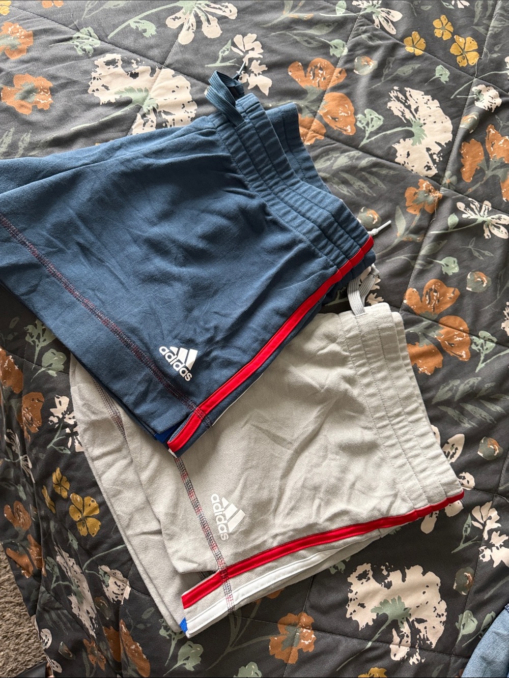 2 pair ADIDAS Shorts in Blue and Light Gray with Red Trim